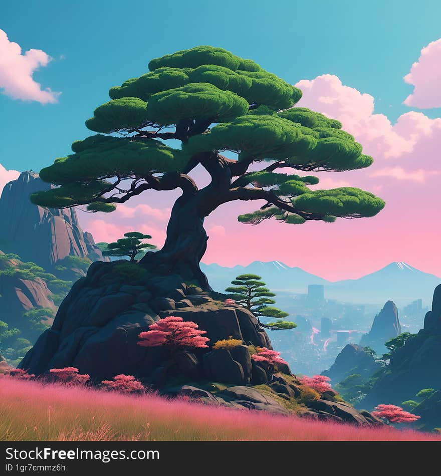 Japanese Tree In The Rocky Hills