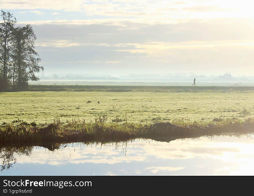 The man running in the foggy morning