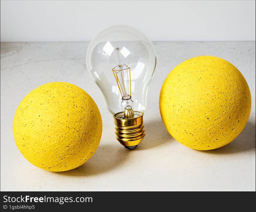 An electric light bulb and two yellow balls.