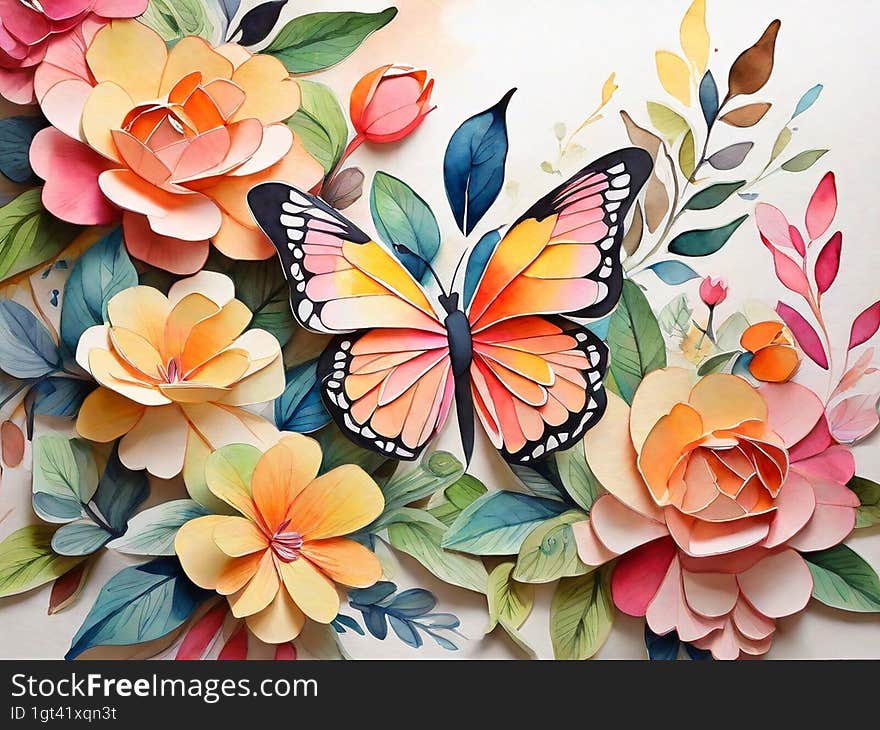 Artificially Generated Paper Butterfly and Flowers. Unleash your creativity with this artificially generated paper butterfly and flowers. This resource is a beautiful image of a paper butterfly and flowers, created with artificial intelligence. The image features a realistic and colorful butterfly with white spots on its wings, and a variety of flowers in pink, orange, and yellow hues. The background is white, making the image stand out. You can use this resource for any creative project or design, such as scrapbooking, collage, decoupage, card making, and more. This image is unique and original, and will add a touch of nature and spring to your creations.