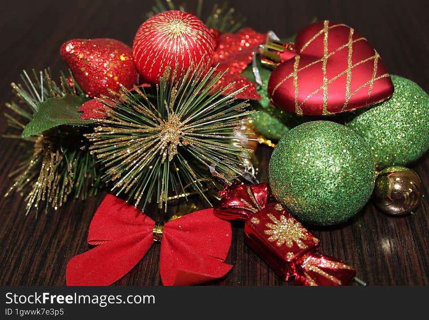 Christmas Composition With Red Balls, Christmas Trees And Toys On A Dark Background. New Year, Christmas, New Year Concept.