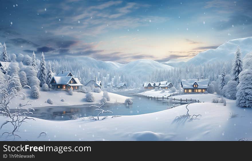 Panoramic view of cloudy sunset winter of snow village