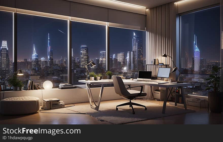 A sleek and modern freelancers dark night office with a large window overlooking a bustling cityscape. A sleek and modern freelancers dark night office with a large window overlooking a bustling cityscape