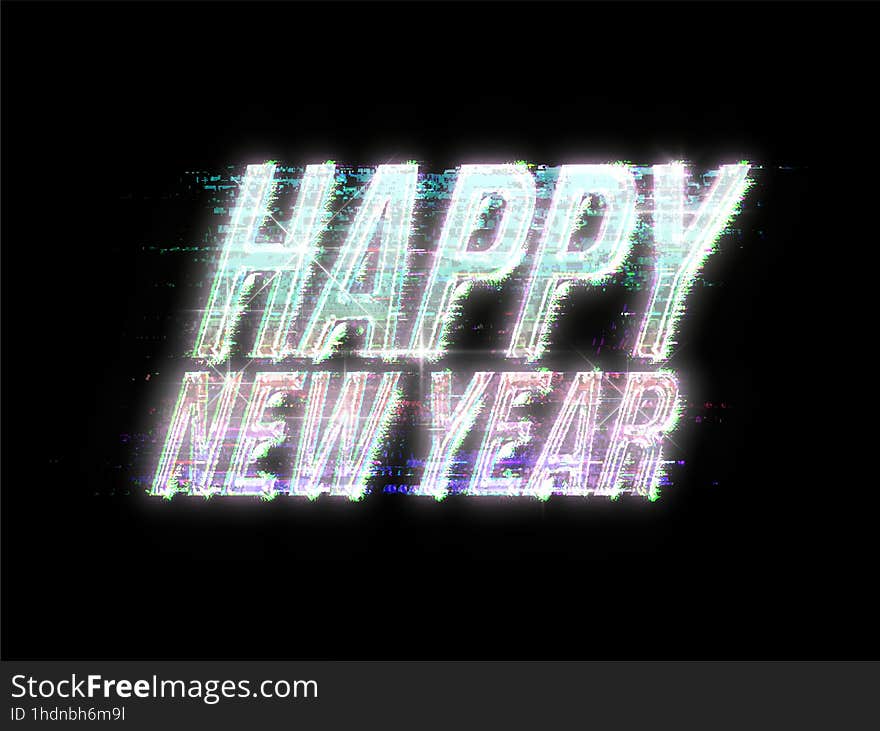 Glitched Pastel Chrome Happy New Year Typography with Shining Light, Futuristic Artwork