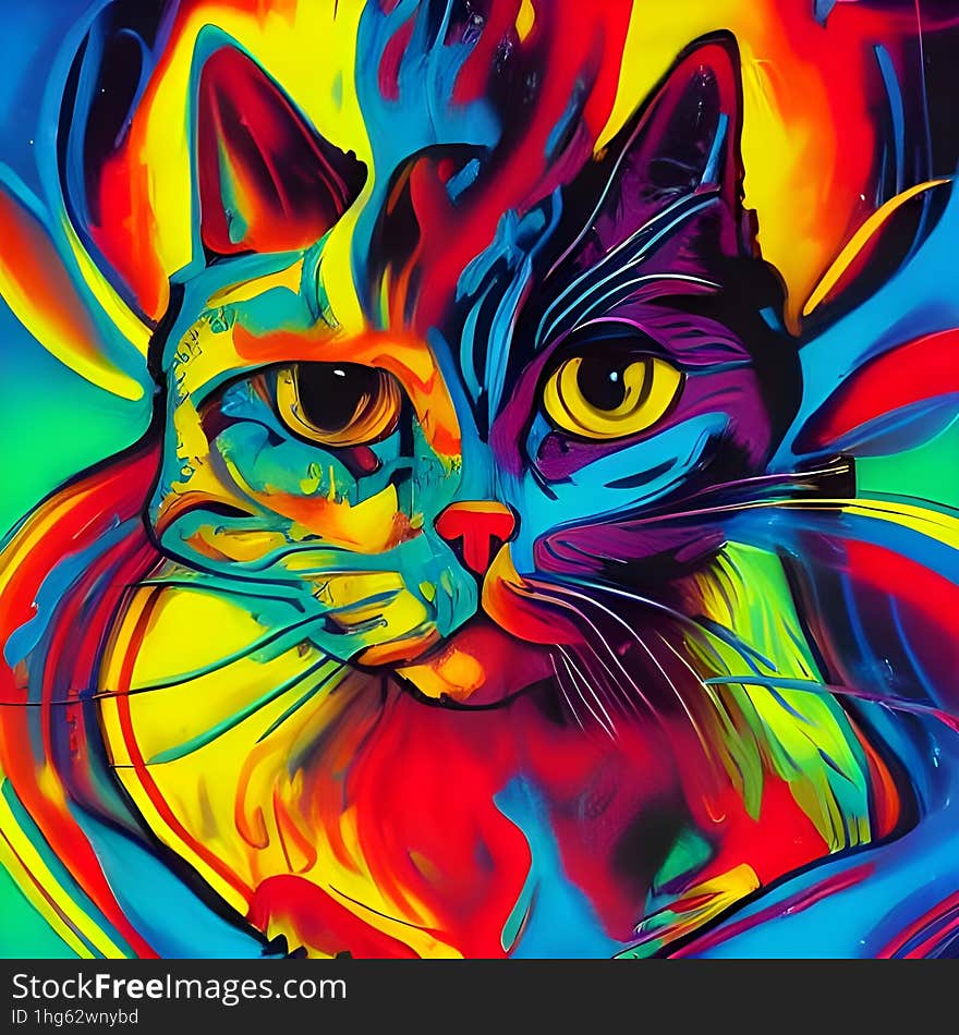 Colorful oil water color painting of inquisitive cat with large eyes, pop art. Colorful oil water color painting of inquisitive cat with large eyes, pop art.