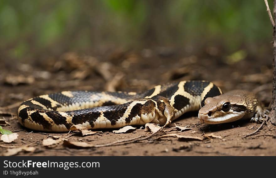 A Medium Size Boa-constrictor Snake Swallows The Tail As The Last Bit Of A Squirrel Meal.