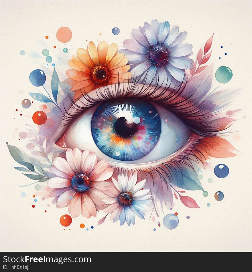 abstraction generated by artificial intelligence multicoloured beautiful eye in flowers my fantasy to look at life among flowers with beautiful eyes depicted with watercolour paints. abstraction generated by artificial intelligence multicoloured beautiful eye in flowers my fantasy to look at life among flowers with beautiful eyes depicted with watercolour paints