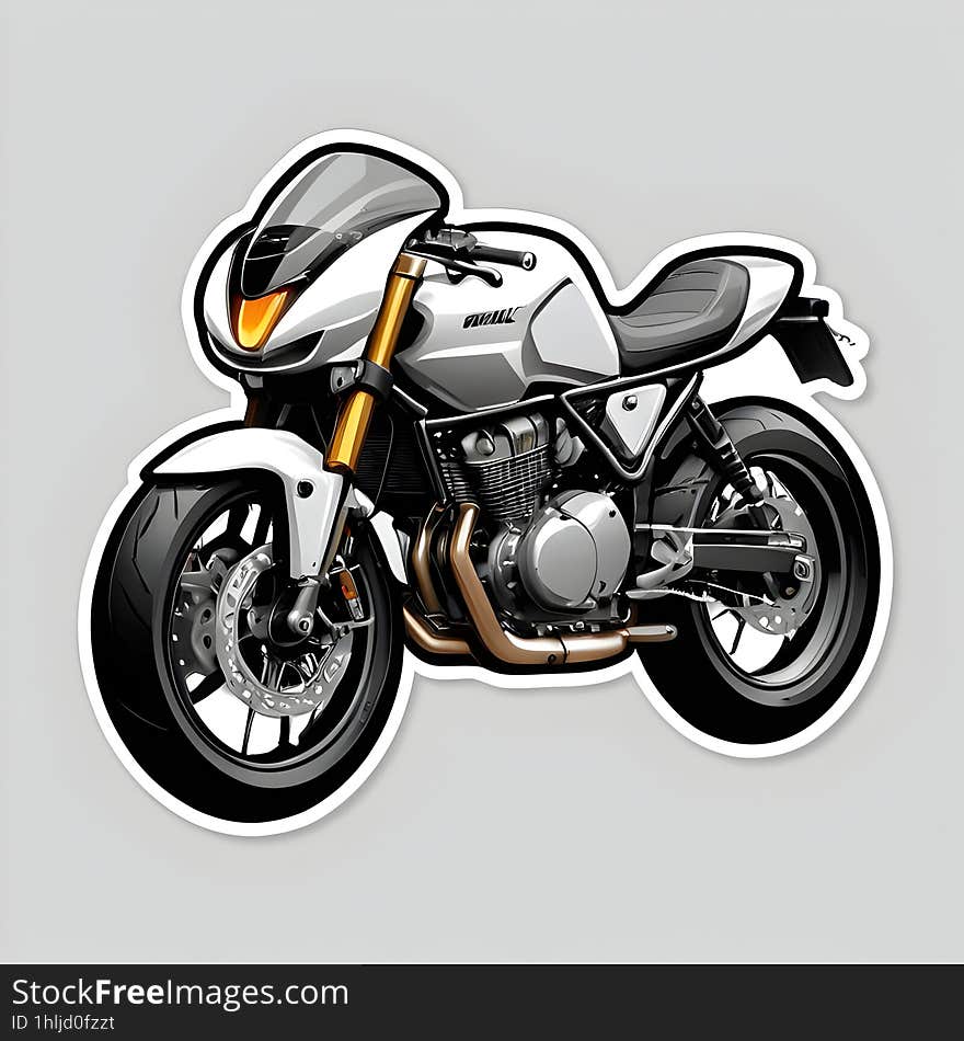 The image depicts a sticker of a classic-style motorcycle. The motorcycle is predominantly white with black details and golden accents. It features a sleek design with an aerodynamic shape and modern aesthetics. The engine is detailed and visible it�s metallic with intricate designs showing the mechanical components. The wheels are black with silver alloys the front wheel is turned slightly to the right. There�s no background it�s cut out in the shape of the motorcycle making it ideal for sticking on various surfaces. The image depicts a sticker of a classic-style motorcycle. The motorcycle is predominantly white with black details and golden accents. It features a sleek design with an aerodynamic shape and modern aesthetics. The engine is detailed and visible it�s metallic with intricate designs showing the mechanical components. The wheels are black with silver alloys the front wheel is turned slightly to the right. There�s no background it�s cut out in the shape of the motorcycle making it ideal for sticking on various surfaces.