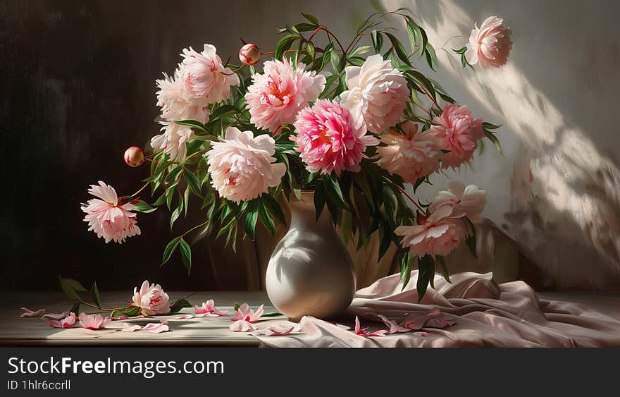 Immerse yourself in the timeless beauty of peonies standing gracefully in a vase on a table. This enchanting composition captures the lushness and delicate charm of peonies, creating a scene that exudes elegance and sophistication. Immerse yourself in the timeless beauty of peonies standing gracefully in a vase on a table. This enchanting composition captures the lushness and delicate charm of peonies, creating a scene that exudes elegance and sophistication.