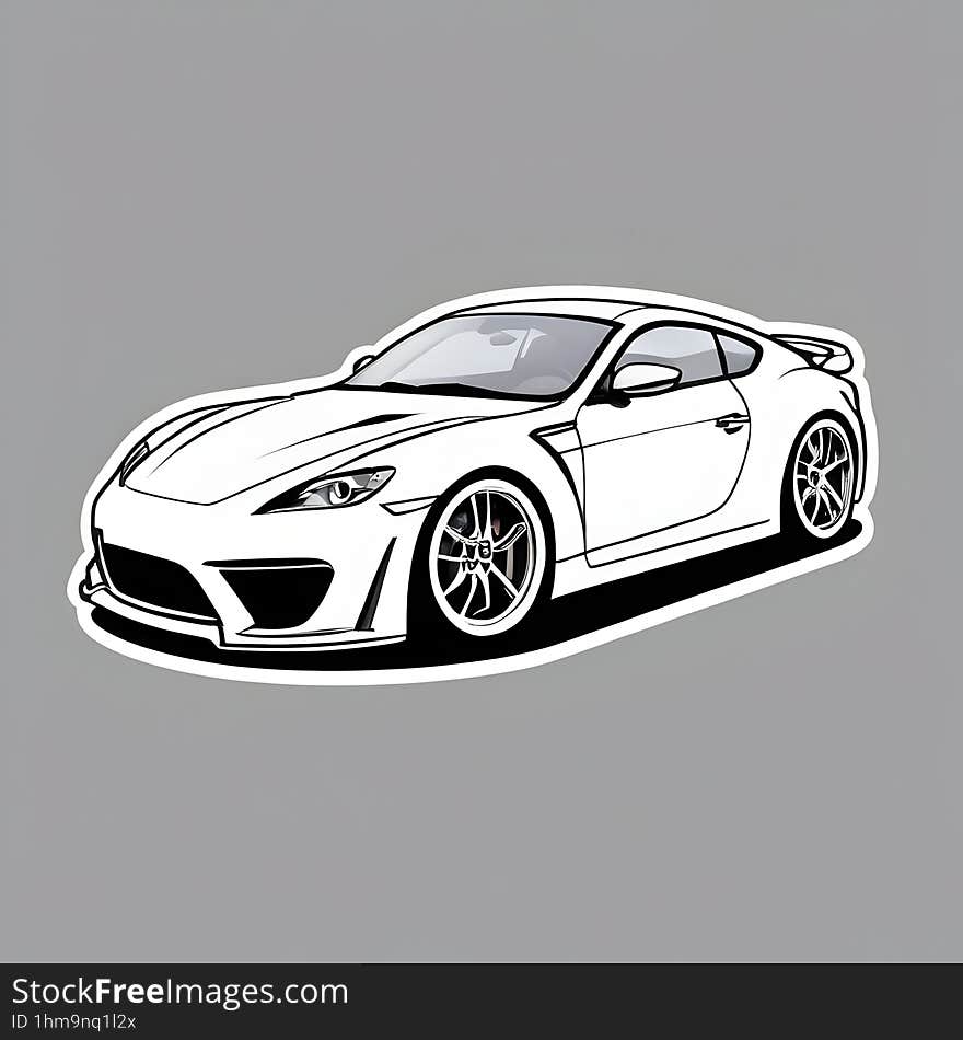 The image depicts a sticker of a sleek white sports car with black outlines and details. The car is highly detailed with visible aerodynamic features and alloy wheels. It has an aggressive stance that highlights its performance-oriented nature. The background is grey which makes the white color of the car pop out. The sticker has a contour cut that follows the shape of the car. The image depicts a sticker of a sleek white sports car with black outlines and details. The car is highly detailed with visible aerodynamic features and alloy wheels. It has an aggressive stance that highlights its performance-oriented nature. The background is grey which makes the white color of the car pop out. The sticker has a contour cut that follows the shape of the car.