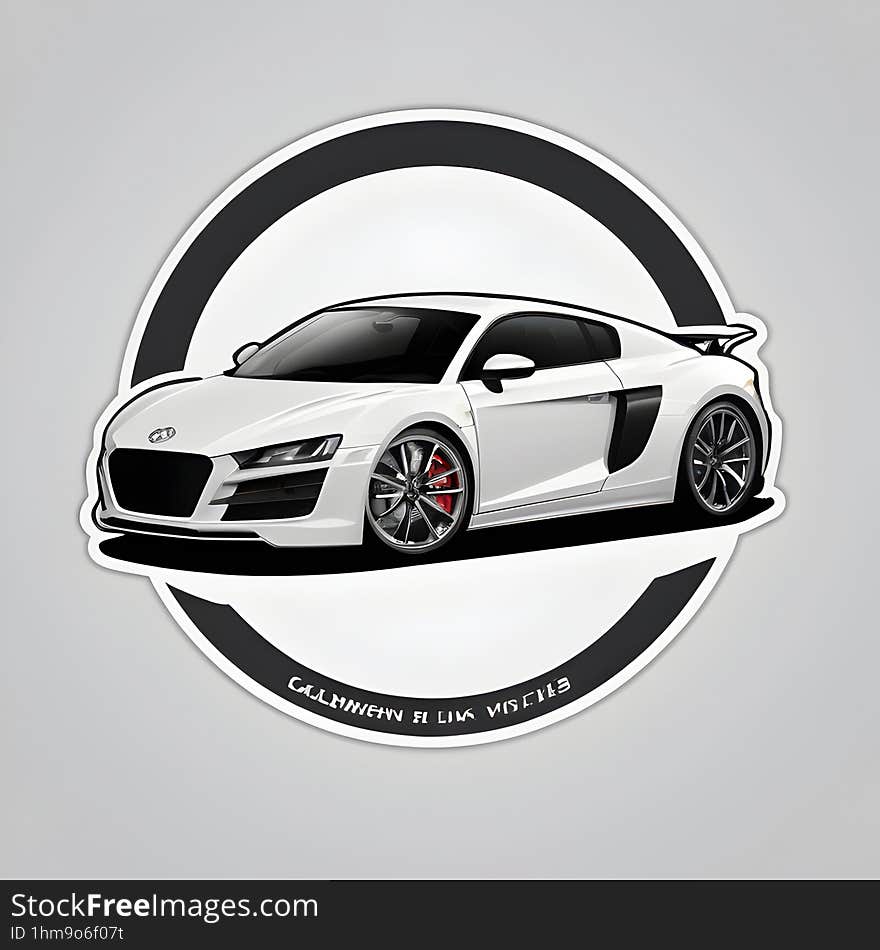 The image is of a sticker featuring a detailed illustration of a white sports car with black accents. The car is depicted from the side view showcasing its aerodynamic design and large wheels. It has red brake calipers visible behind the dark rims of the wheels which adds to the sporty aesthetic. The background consists of concentric circles in alternating black and white colors creating a bold contrast. There is text at the bottom curve of the circular border but it�s not clearly readable. The image is of a sticker featuring a detailed illustration of a white sports car with black accents. The car is depicted from the side view showcasing its aerodynamic design and large wheels. It has red brake calipers visible behind the dark rims of the wheels which adds to the sporty aesthetic. The background consists of concentric circles in alternating black and white colors creating a bold contrast. There is text at the bottom curve of the circular border but it�s not clearly readable.