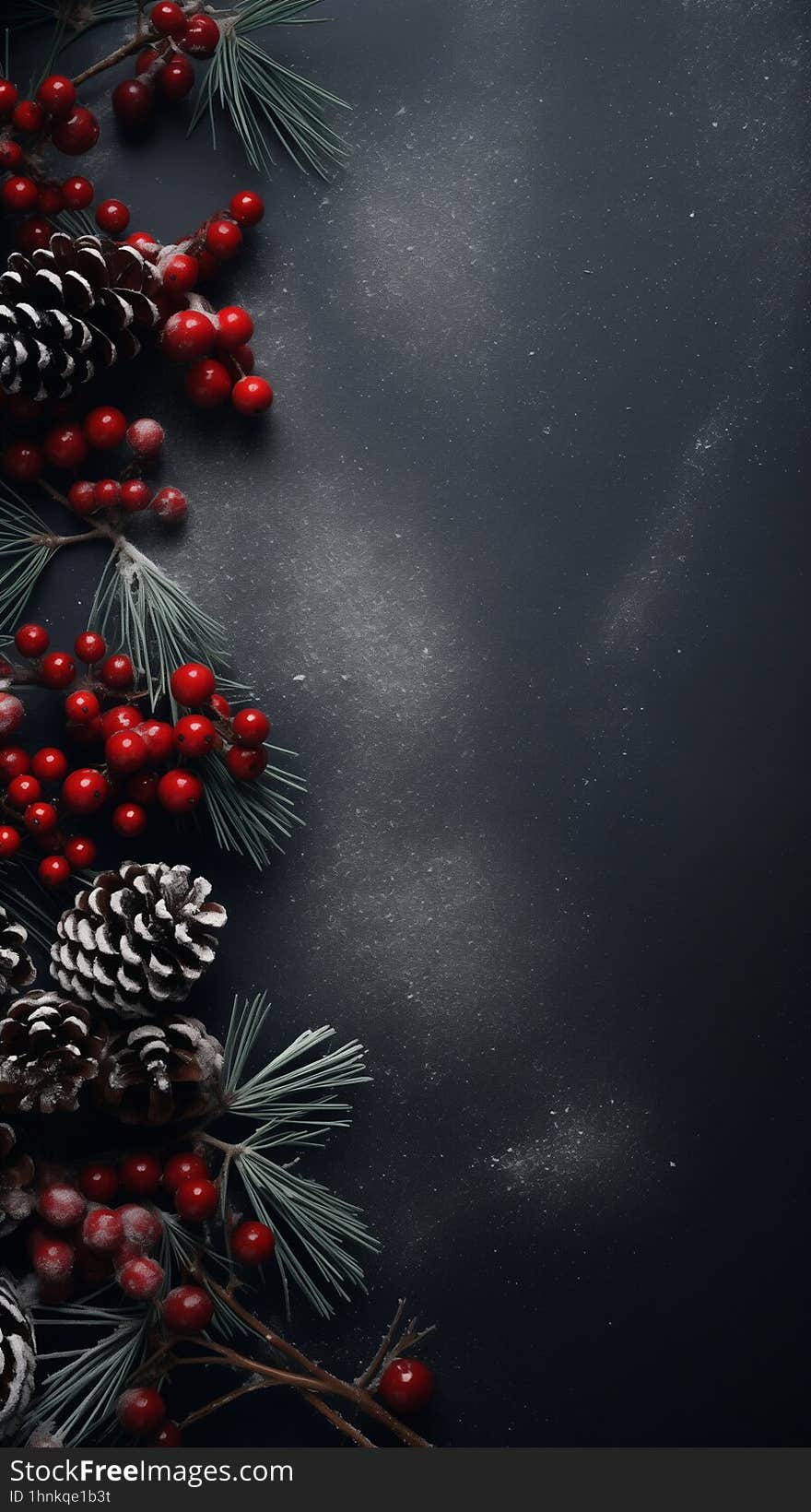 Dive into the holiday spirit with a mysterious dark background, adorned by festive red berries, pine cones, and branches. Dive into the holiday spirit with a mysterious dark background, adorned by festive red berries, pine cones, and branches.