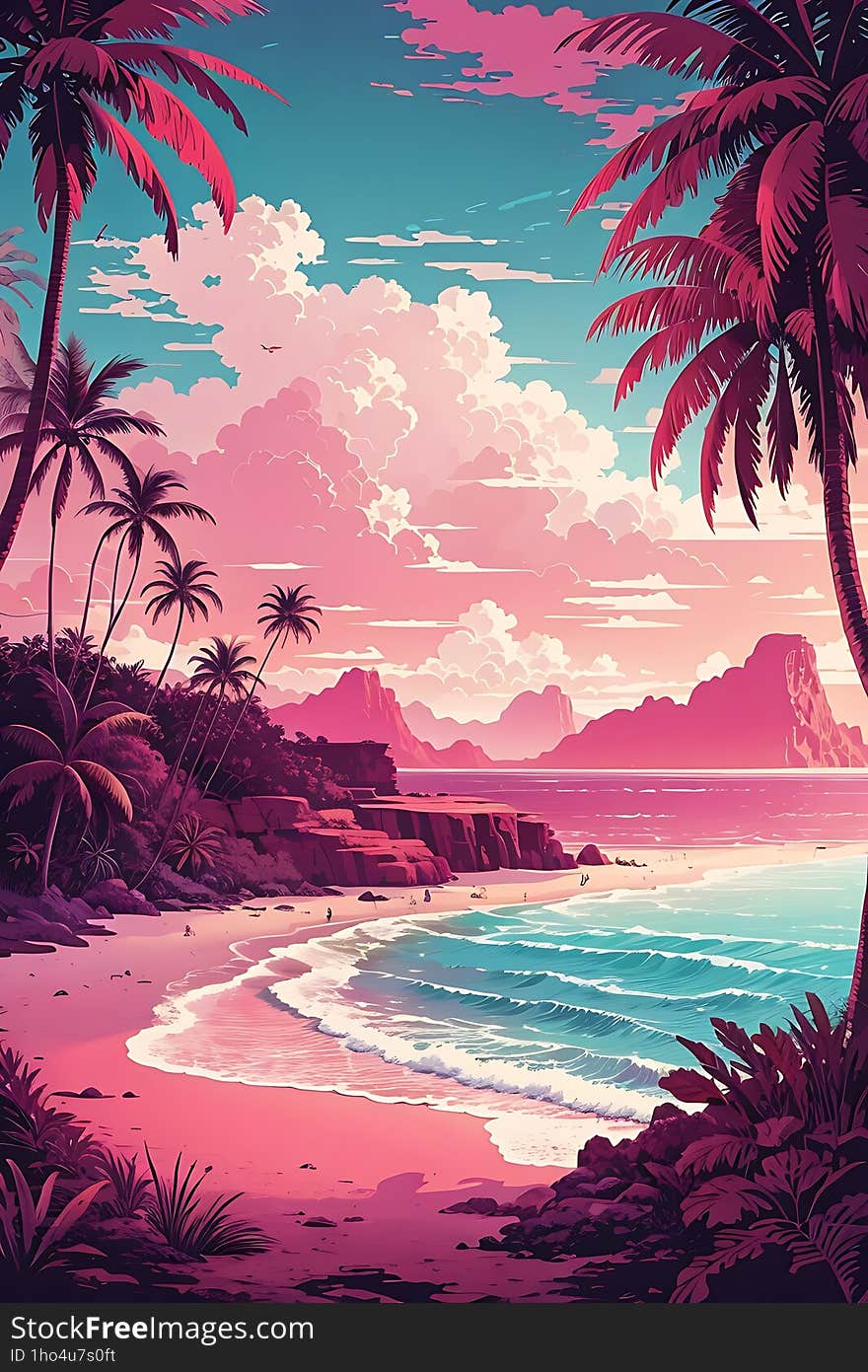 Image of a tropical sea atmosphere in pink tones