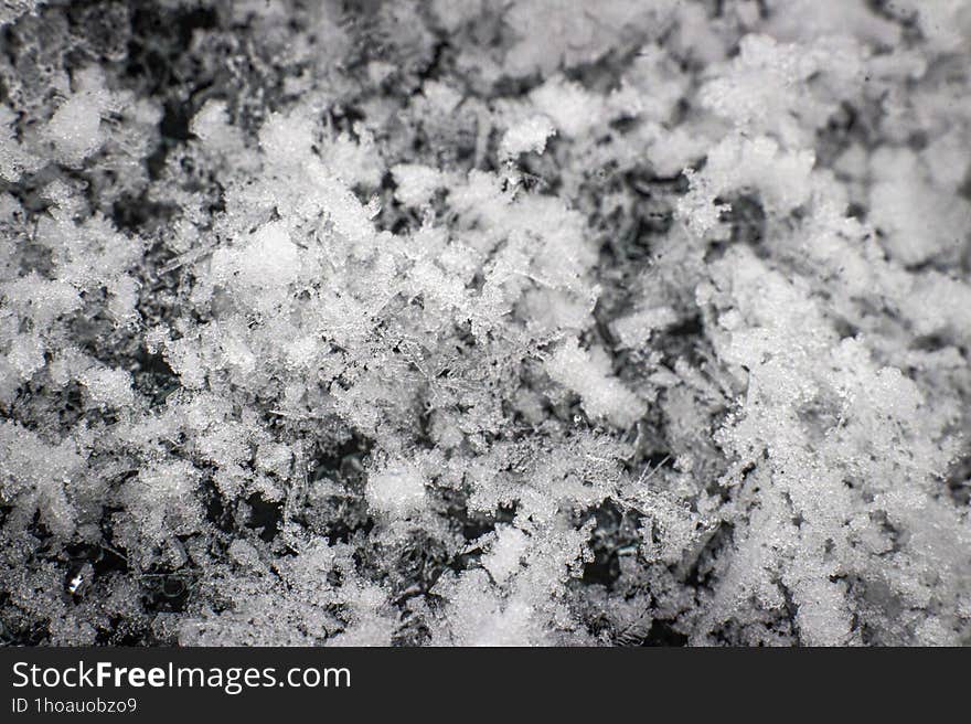 Macro photo of some snow crystals. Colibita, Bistrita-Nasaud, Romania.