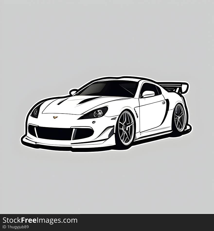 This is a sticker of a sleek, white sports car with black and grey detailing. The car�s aggressive, aerodynamic design and large spoiler indicate its high performance and sporty nature. This is a sticker of a sleek, white sports car with black and grey detailing. The car�s aggressive, aerodynamic design and large spoiler indicate its high performance and sporty nature.