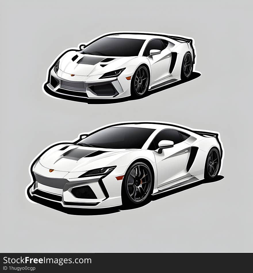 A set of two high-quality & x28 stickers& x29  featuring a sleek, white luxury sports car with black and grey detailing, showcasin