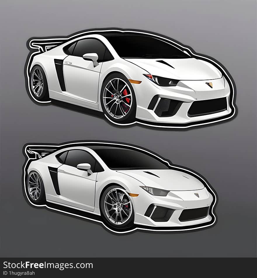 A set of two high-quality, detailed & x28 stickers& x29  featuring a modern, white sports car with black and red detailing