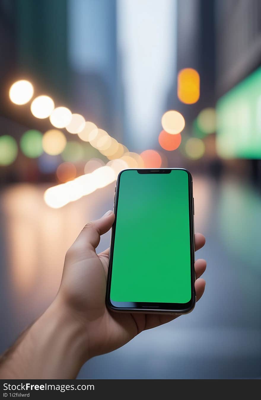 Ai generated image of a persons hand holding a black smartphone with a blank green screen in the city background