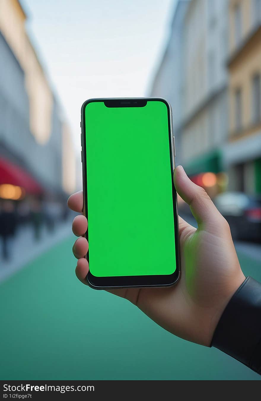 Ai generated image of a persons hand holding a black smartphone with a blank green screen in the city background