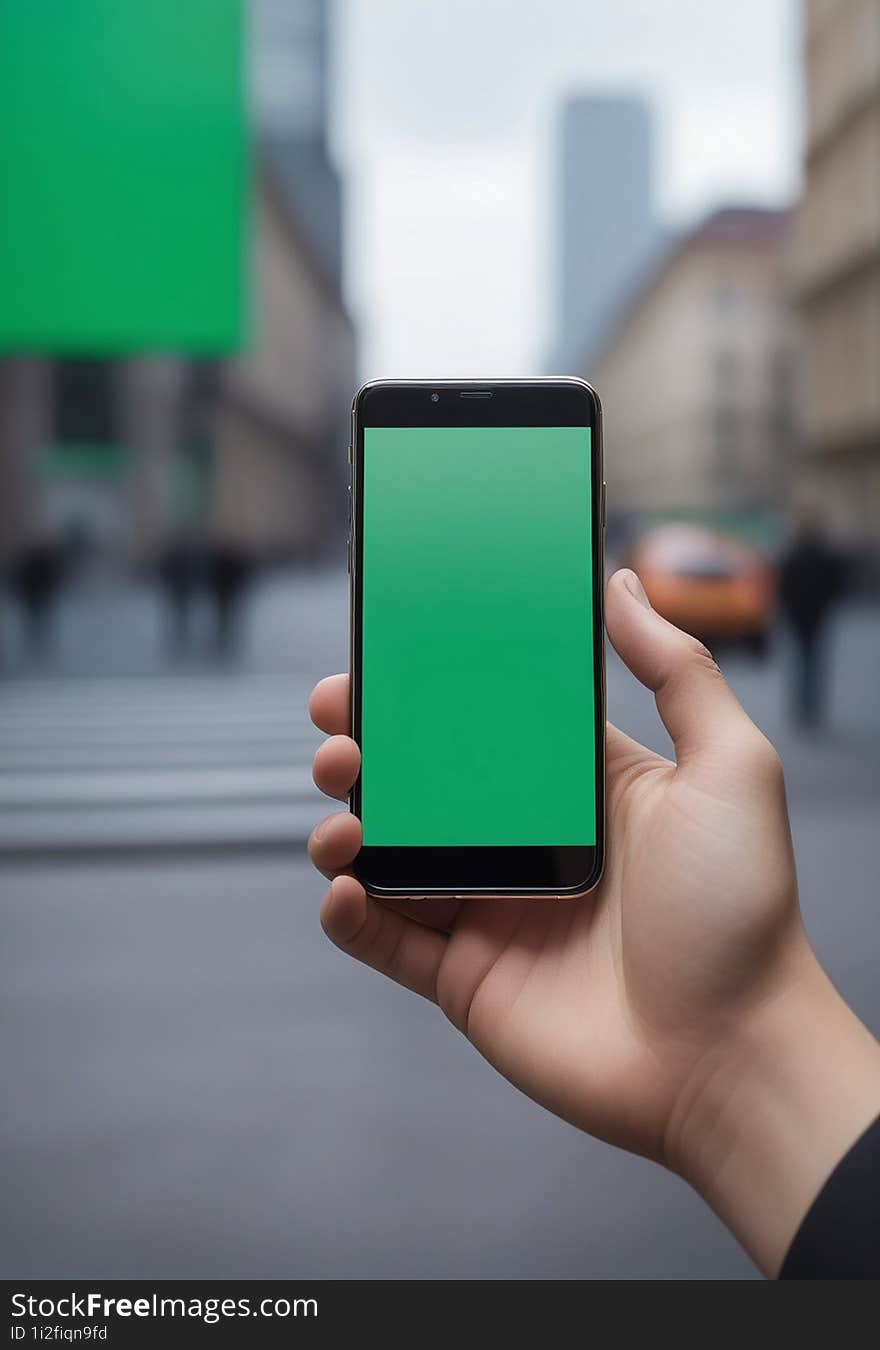 Ai generated image of a persons hand holding a black smartphone with a blank green screen in the city background