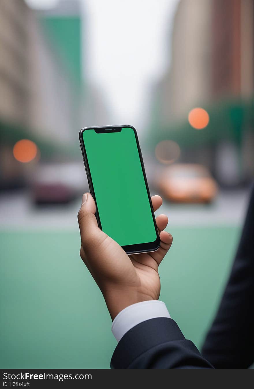 Ai generated image of a persons hand holding a black smartphone with a blank green screen in the city background