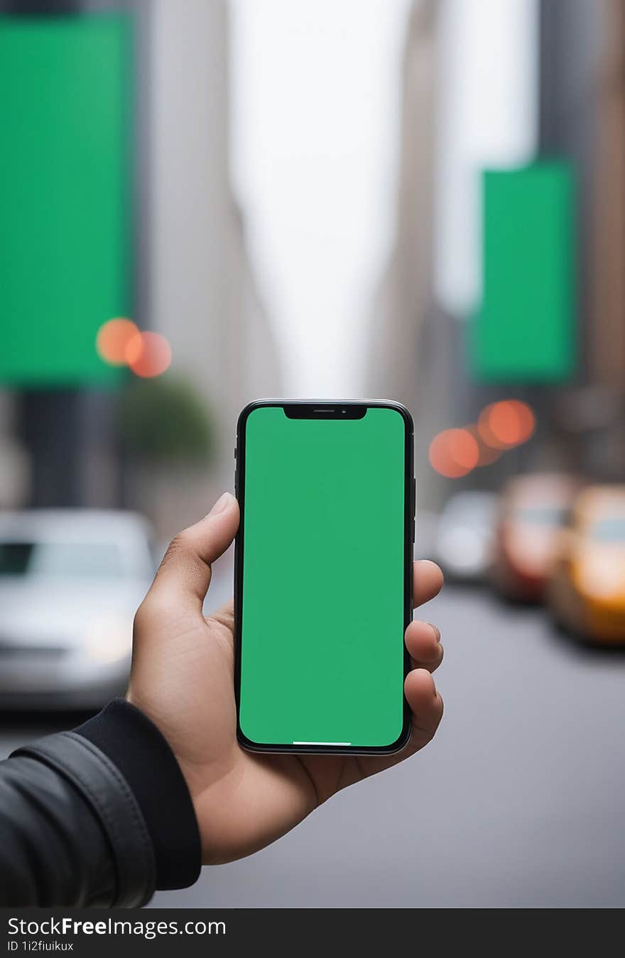 Ai generated image of a persons hand holding a black smartphone with a blank green screen in the city background