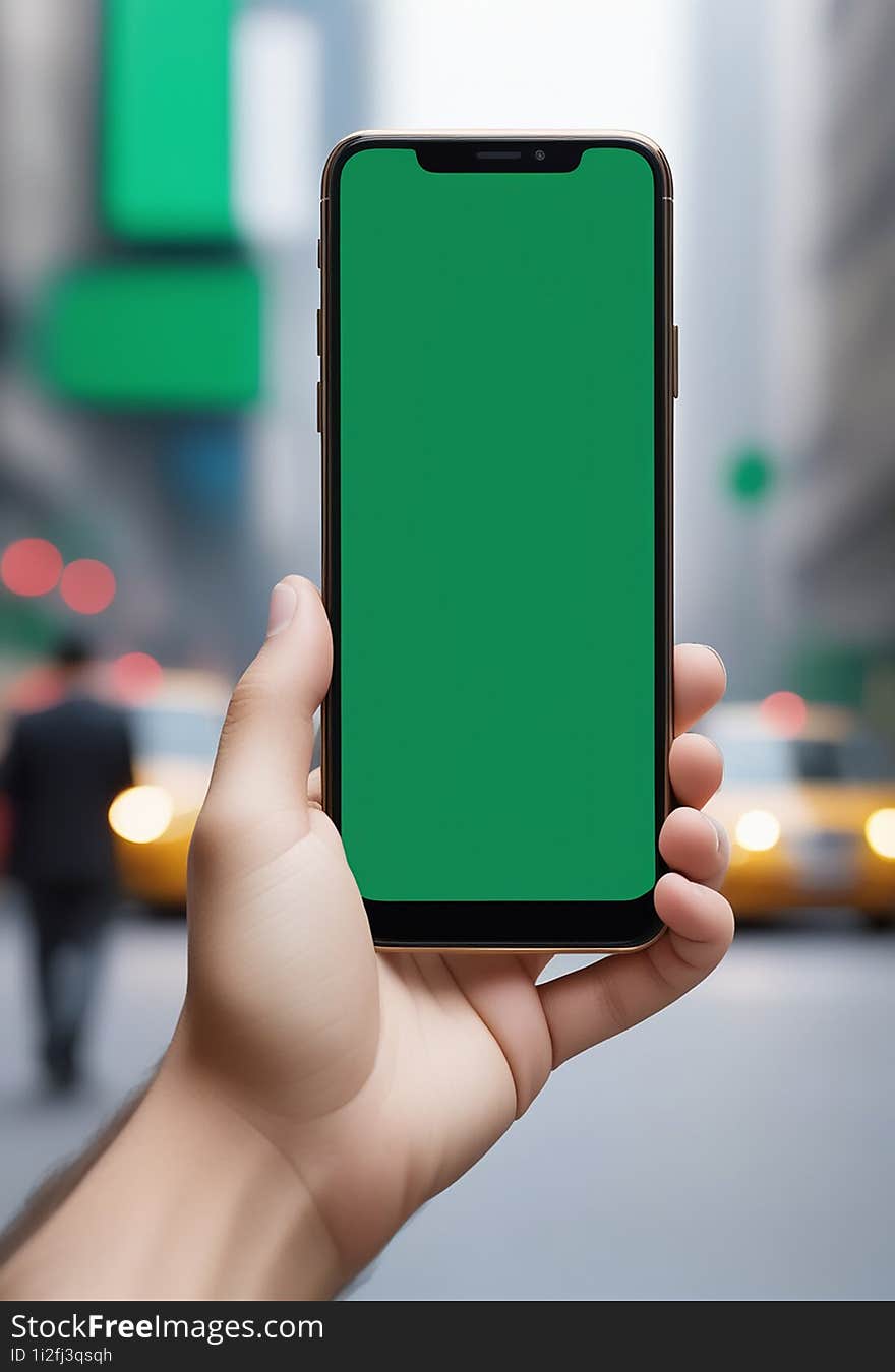Ai generated image of a persons hand holding a black smartphone with a blank green screen in the city background