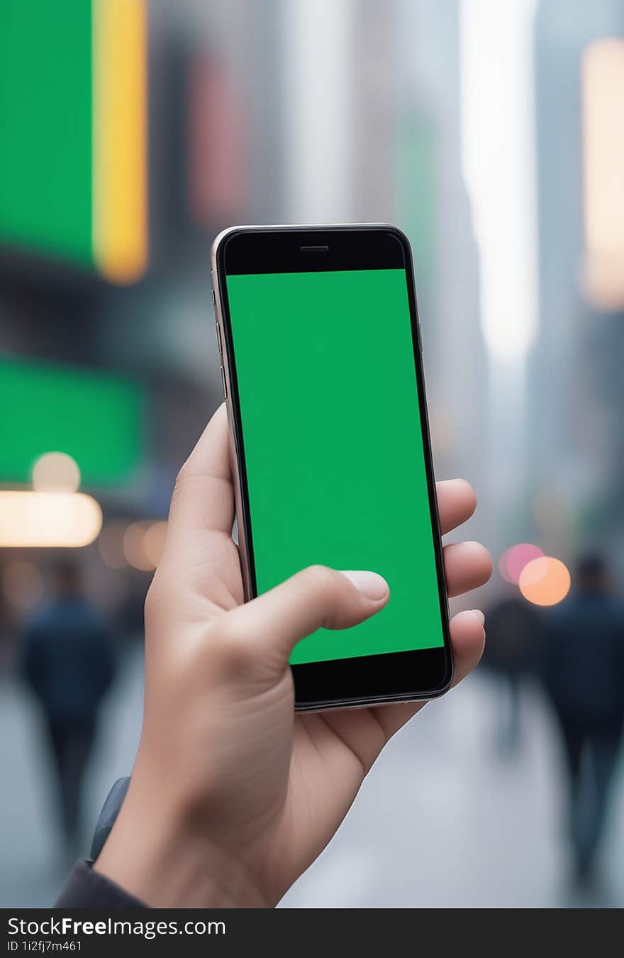 Ai generated image of a persons hand holding a black smartphone with a blank green screen in the city background