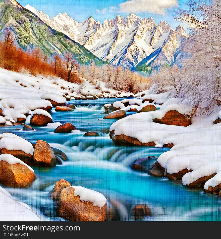 Vintage, textured photograph of a stream flowing through snow covered mountains