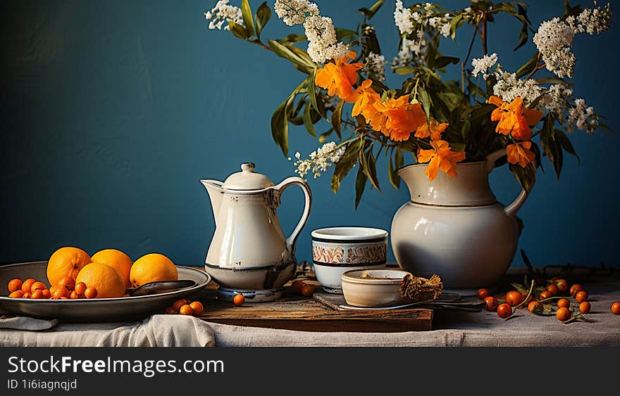 Still life with orange flowers in a simple vase against a blue wall. Tea, white flowers, oranges. Ai generated. Still life with orange flowers in a simple vase against a blue wall. Tea, white flowers, oranges. Ai generated.