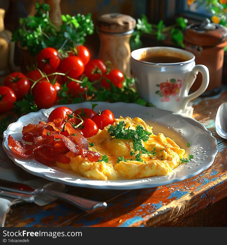 English breakfast. Scrambled eggs with bacon and tomatoes in a blue plate next to a cup of tea. Ai generated. English breakfast. Scrambled eggs with bacon and tomatoes in a blue plate next to a cup of tea. Ai generated.