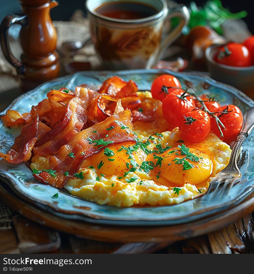 English breakfast. Scrambled eggs with bacon and tomatoes in a blue plate next to a cup of tea. Ai generated. English breakfast. Scrambled eggs with bacon and tomatoes in a blue plate next to a cup of tea. Ai generated.