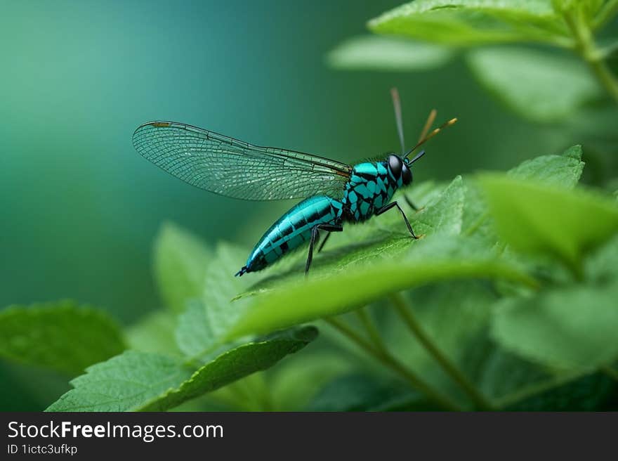 Macro blue net-winged insect on a green plant with a blurred background