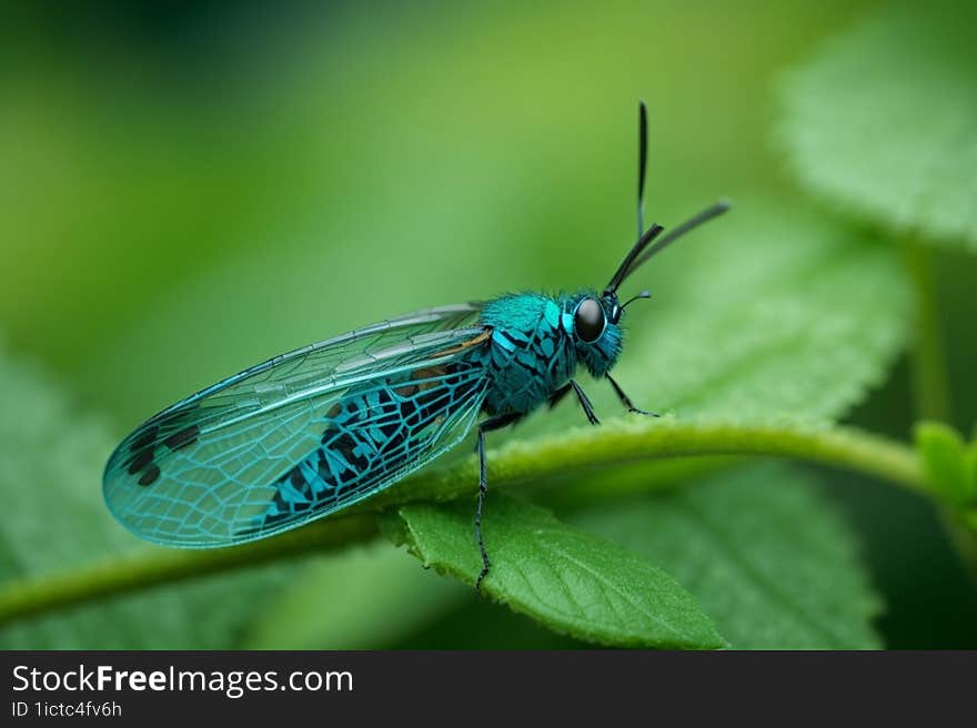 Macro blue net-winged insect on a green plant with a blurred background