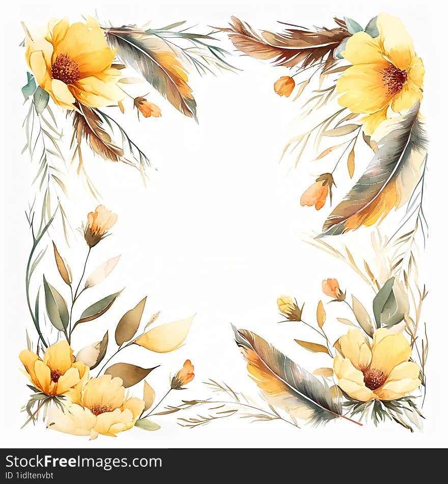 This delicate composition captures the serene beauty of nature. A square frame adorned with soft-hued botanical illustrations, including tender yellow flowers, gentle leaves, and whispering feathers, evokes a sense of calm and elegance. The artwork& x27 s watercolor texture adds a touch of grace, perfect for invitations, greeting cards, or simply as an exquisite piece of wall art.