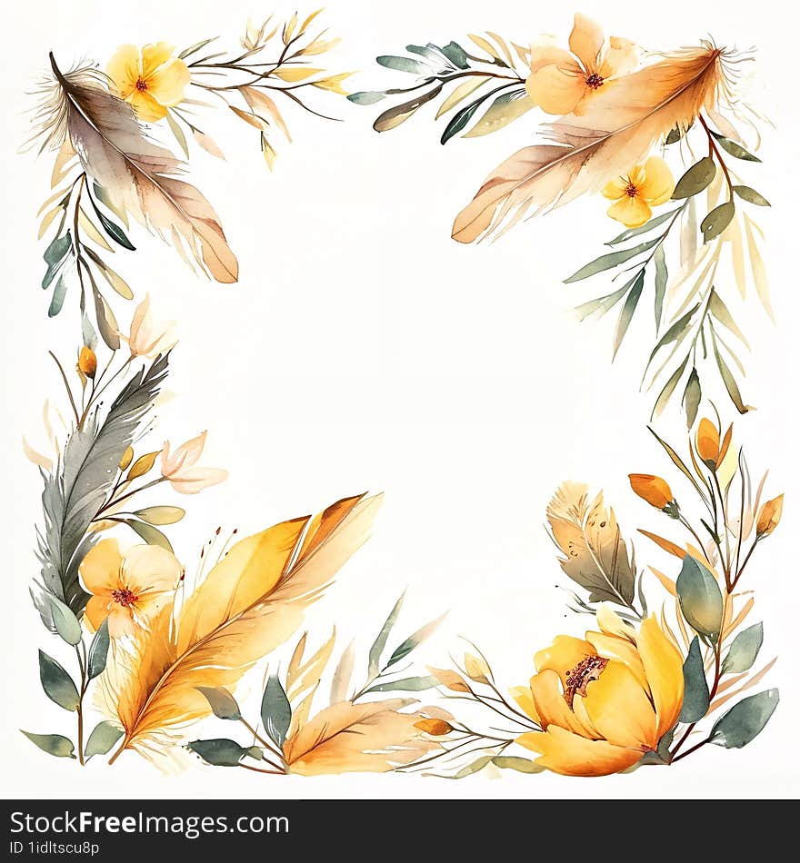 This delicate composition captures the serene beauty of nature. A square frame adorned with soft-hued botanical illustrations, including tender yellow flowers, gentle leaves, and whispering feathers, evokes a sense of calm and elegance. The artwork& x27 s watercolor texture adds a touch of grace, perfect for invitations, greeting cards, or simply as an exquisite piece of wall art.