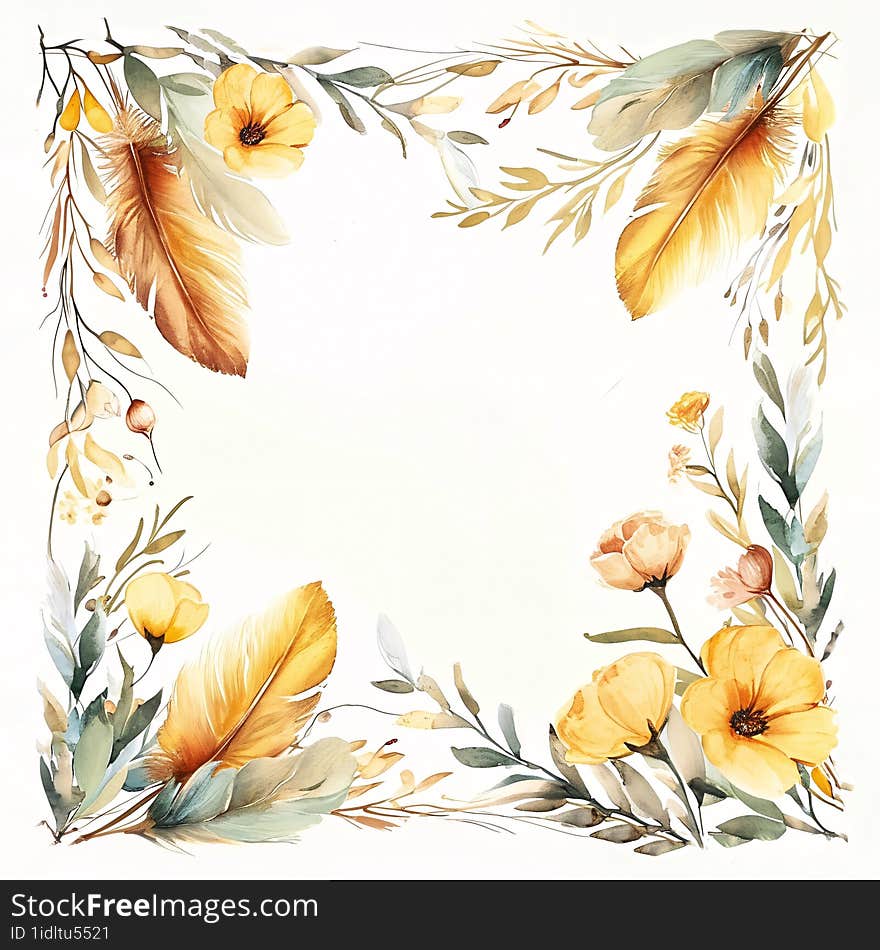 This delicate composition captures the serene beauty of nature. A square frame adorned with soft-hued botanical illustrations, inc