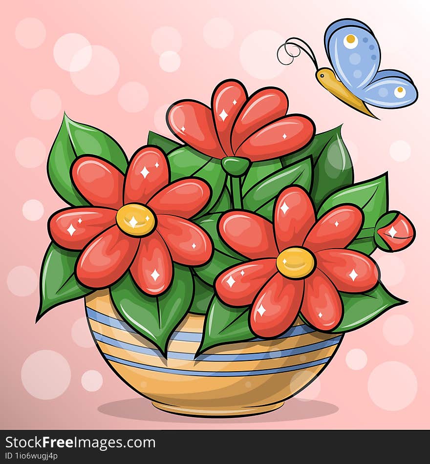 Cute cartoon red flower bouquet and blue butterfly. Vector illustration of plants in the flower pot.