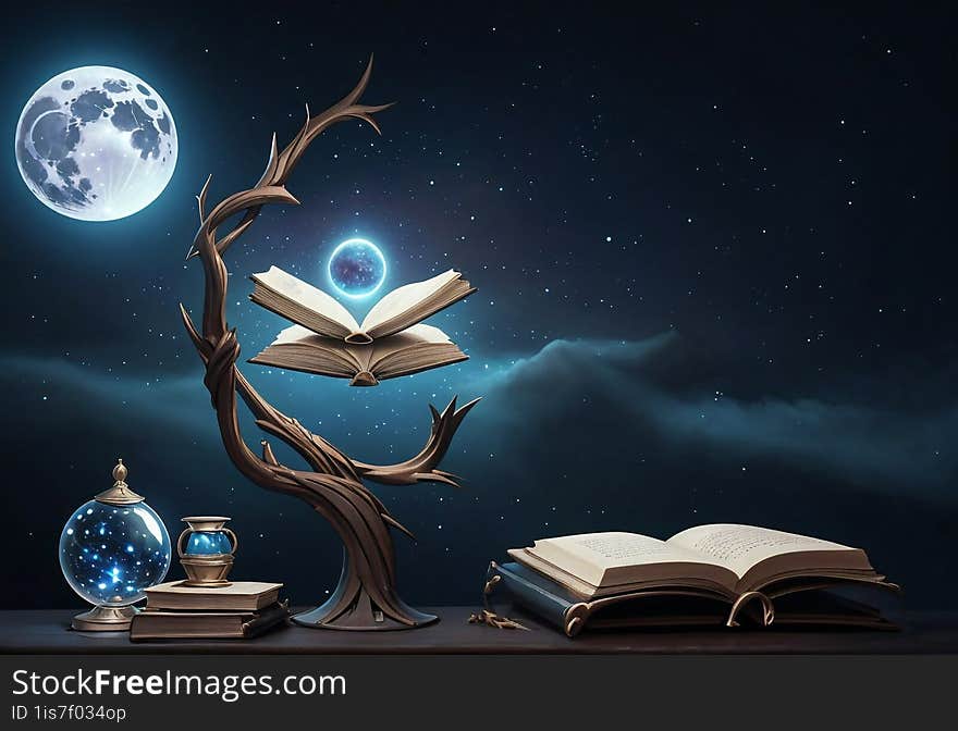 old books in a magical style against a starry sky background.AI generated image