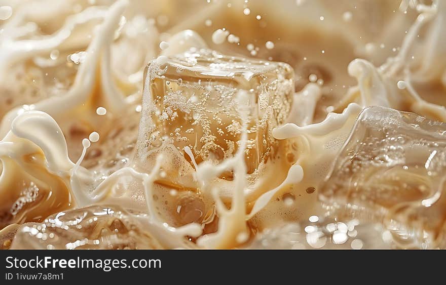 High-speed capture of a creamy milk splash around an ice cube, showcasing dynamic motion and texture details