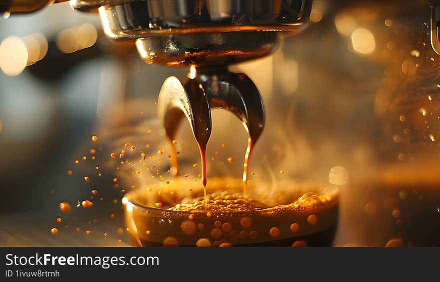 A Close-up Shot Capturing The Rich, Golden Crema As Espresso Drips From A Coffee Machine Into A Cup