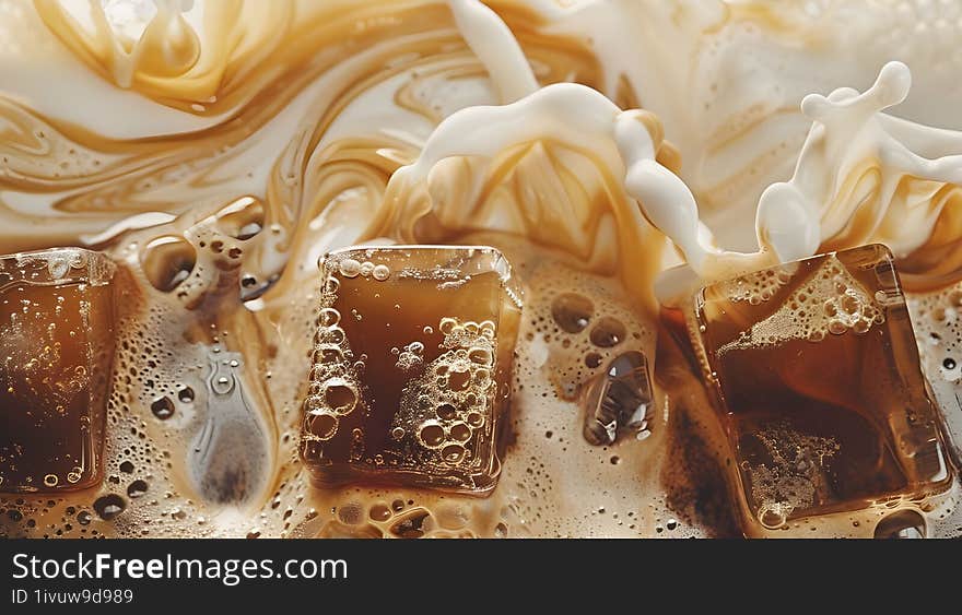 Macro photography of iced coffee mixing with milk, creating an inviting swirl of cream and coffee with a rich texture