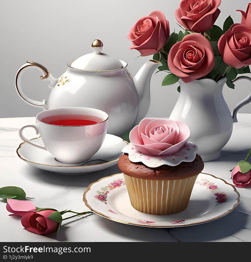 one cup of tea, pastry cake and roses on the table. one cup of tea, pastry cake and roses on the table