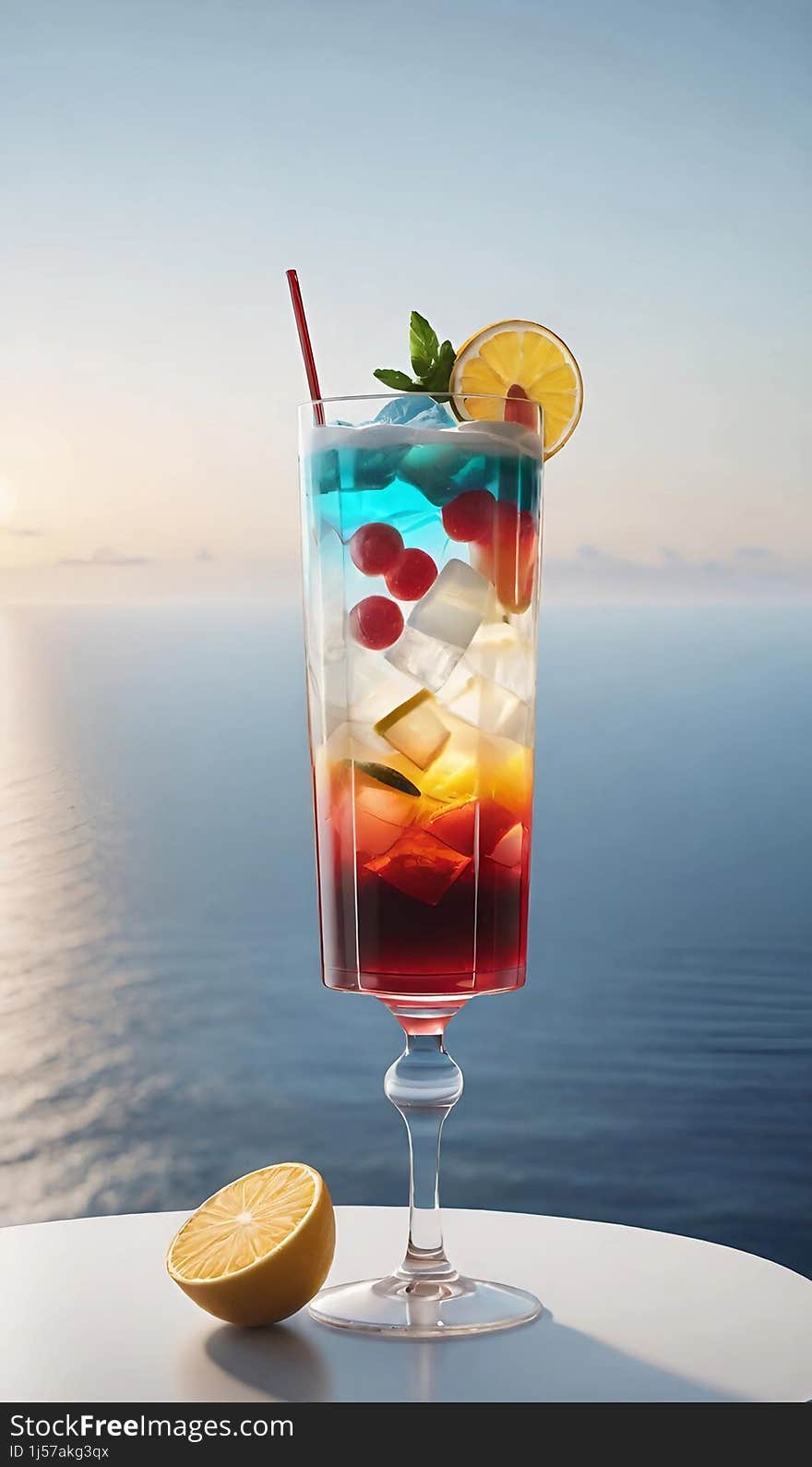 tall glass with multi-layered multi-colored cocktail on the seashore