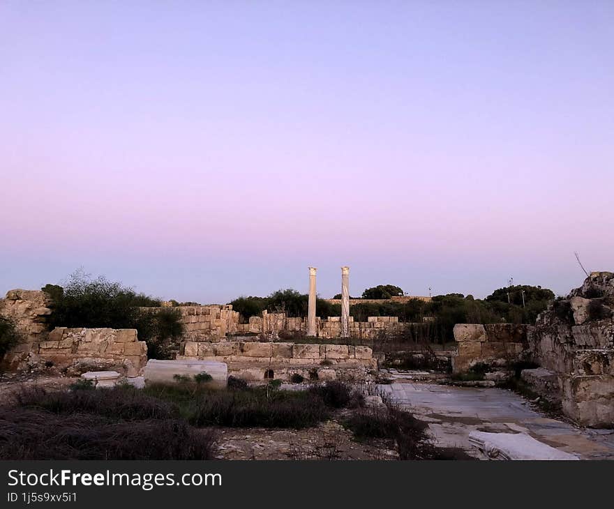 Rows of columns in Cyprus Paphos. Remains of colonnaded street ancient city