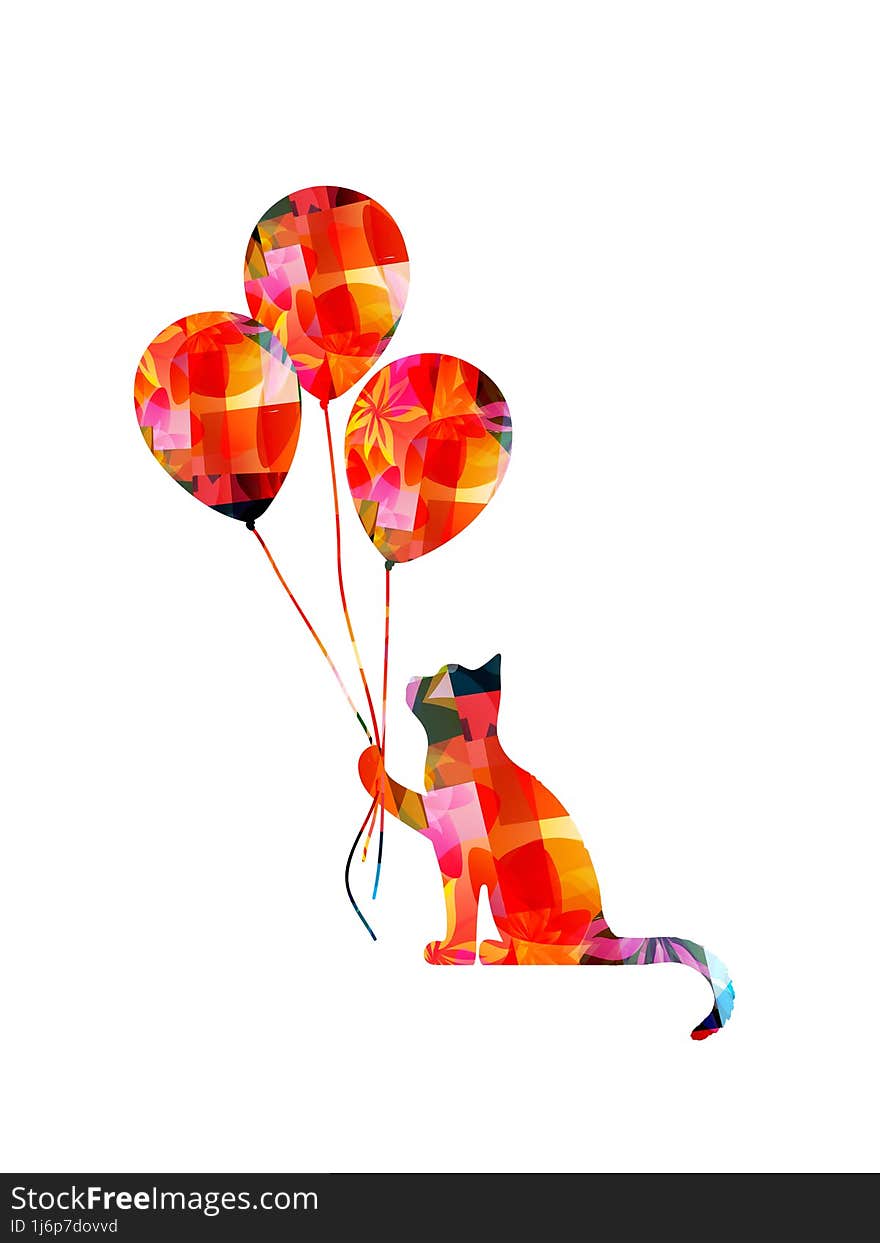 Cute cat holding balloons.