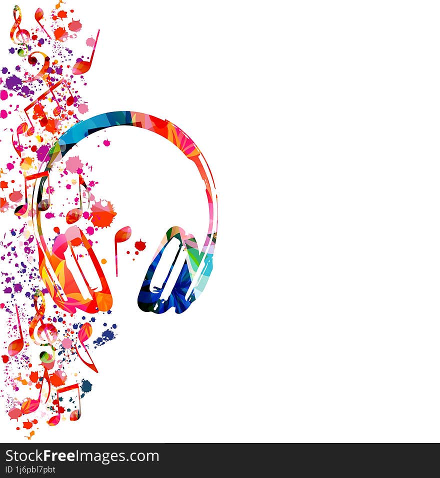 Colorful creative headphones isolated. Earphones with blots and splatter. Gadget and technology concept.