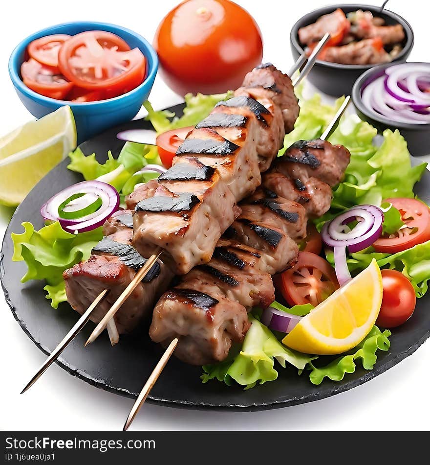 juicy appetizing shish kebab on skewers and vegetables isolated