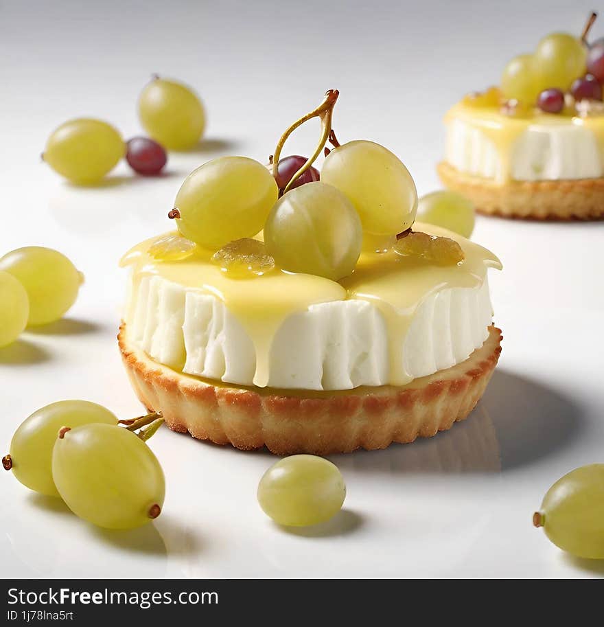 fresh airy cake on a plate isolated with grapes. fresh airy cake on a plate isolated with grapes