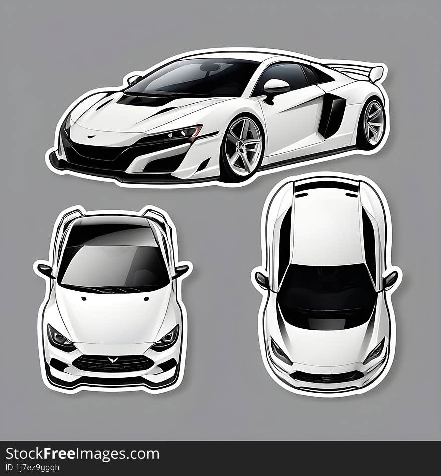 This sticker set features three beautifully illustrated white cars, showcasing a dynamic sports car in side view and two modern cars in top view. The clean outlines and white color scheme make these stickers stand out against any backdrop, perfect for car enthusiasts and collectors.